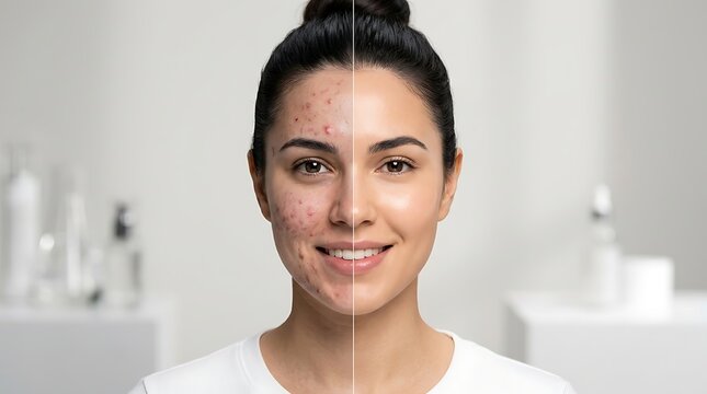 Woman's Face Split: Before and After Acne Treatment, Skincare Transformation with Blemished and Clear Skin Comparison, Dermatology and Beauty Concept