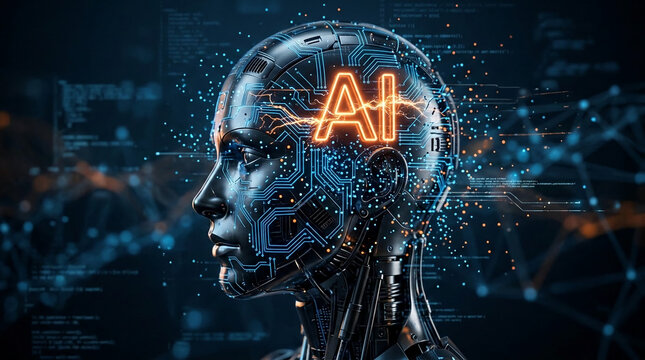 Profile of a metallic robot head with glowing AI inscription and circuits, representing artificial intelligence and futuristic technology, perfect for tech concepts.