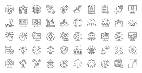 RPA icon set. AI, automation, machine learning, chatbot, digital transformation, cloud computing, algorithm, productivity, innovation, data processing, software, technology, IoT, smart factory and mor © nuricon