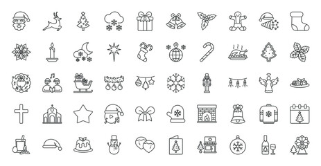 Naklejka premium Christmas icon set. Santa Claus, Christmas tree, gift, reindeer, snowflake, jingle bells, snowman, candy cane, Christmas stocking, ornaments, Christmas lights and more. Outline vector icons collection