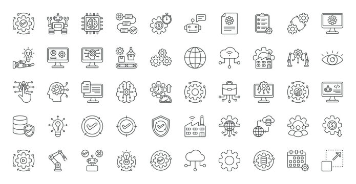 RPA icon set. AI, automation, machine learning, chatbot, digital transformation, cloud computing, algorithm, productivity, innovation, data processing, software, technology, IoT, smart factory and mor