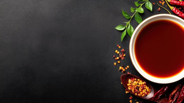A rich bowl of dark sauce surrounded by vibrant spices and fresh herbs on a textured black surface