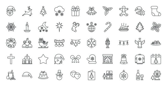 Christmas icon set. Santa Claus, Christmas tree, gift, reindeer, snowflake, jingle bells, snowman, candy cane, Christmas stocking, ornaments, Christmas lights and more. Outline vector icons collection
