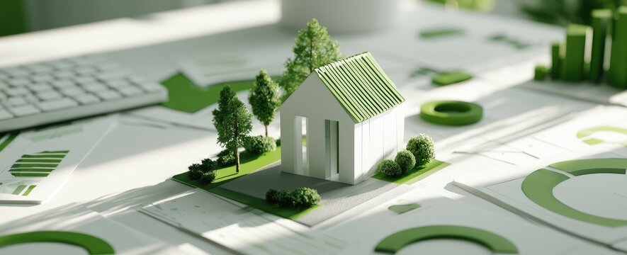 Miniature eco-home model surrounded by charts and trees on a desk