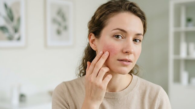 Young Woman Examines Redness on Her Cheek, Expressing Concern About a Skin Condition or Allergic Reaction