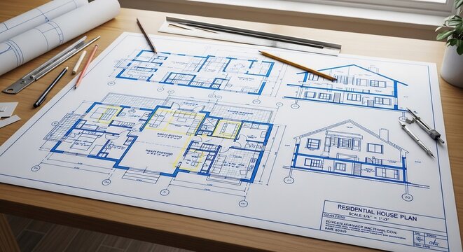 Architectural blueprints and design plans on a wooden desk creative workspace 1.