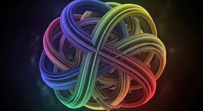 Rainbow colored intertwined 3D knotted abstract shape.