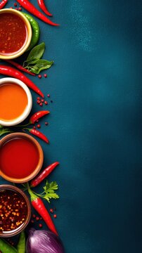 A vibrant arrangement of colorful sauces with fresh red chilies and herbs on a dark background