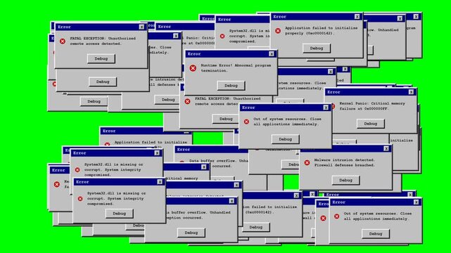 Green Screen Retro OS System Crash, Computer Error Popup Spam, BSOD Animation
