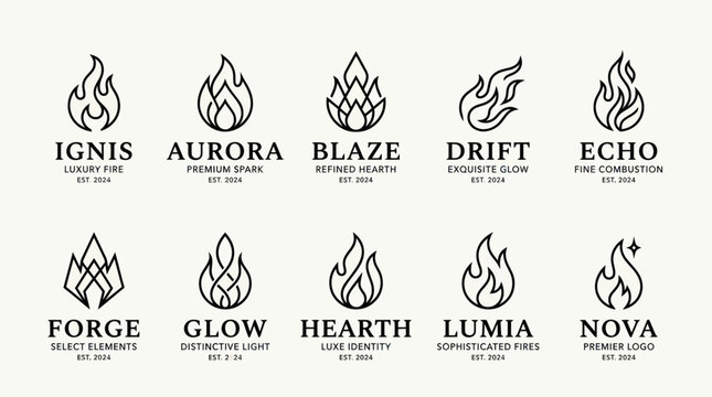 Fire Flame and Spark Minimalist Line Art Logo Badges Collection