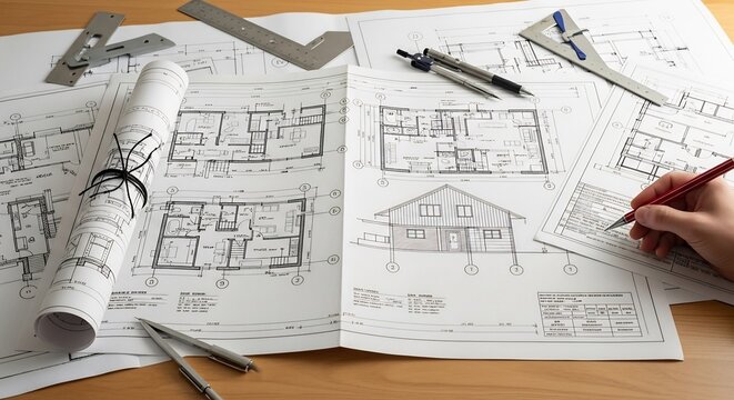 Architectural blueprints and tools on a wooden table design and planning concept.