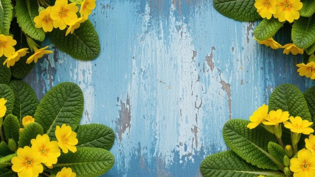 Yellow primrose flowers framing rustic blue wooden background.