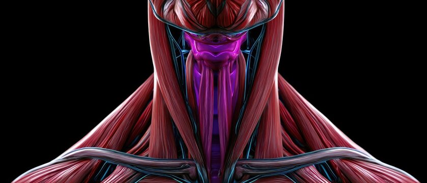Detailed anatomical illustration of the human larynx and surrounding neck musculature