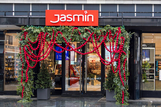 Popular beauty store Jasmin exterior building window on a street during Christmas holiday outside in Belgrade capital of Serbia