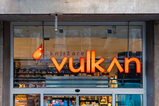 Vulkan bookstore building window facade glass wall outside in Belgrade city street