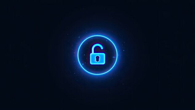 A glowing blue padlock icon illuminates on a dark, speckled background