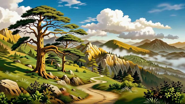 Mountain pine forest natural scenery, mountain pine landscape animation