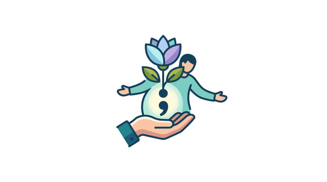 Self-care concept: person with blooming flower and semicolon symbol, hand supporting