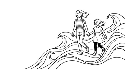 Obraz premium Sisters walking on waves, hand in hand, childhood, summer, freedom, graphic illustration