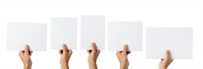 Fototapeta premium Five hands hold blank white paper sheets of various sizes. People show empty cards for your custom message. Use these clean boards for any ad space.