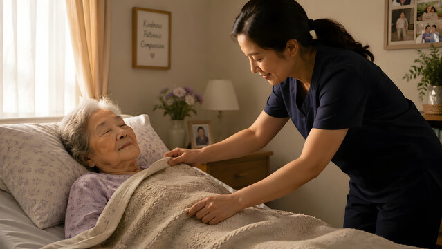 A caring nurse tucking in an elderly woman resting comfortably in her bed at home