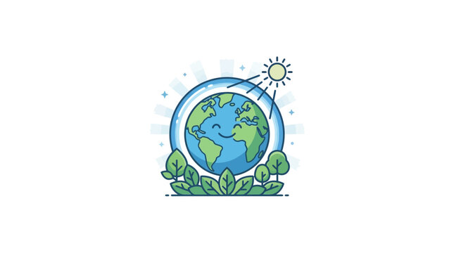 Smiling Earth with Sun and Green Plants, Environmental Protection Concept
