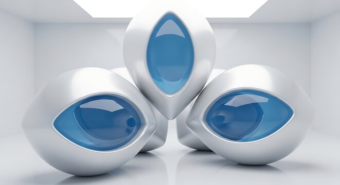 Abstract futuristic eye-shaped objects with blue reflective surfaces modern 3D render for technology and science concepts clean white studio background