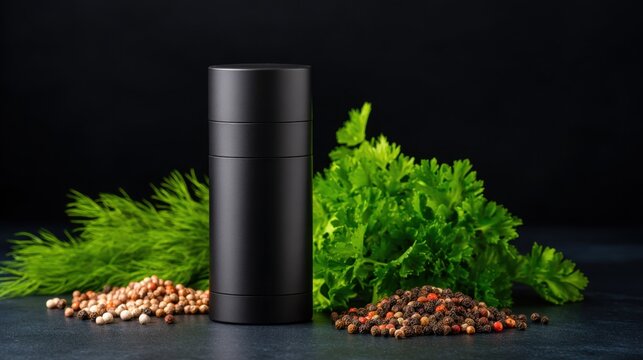 A sleek black container surrounded by fresh herbs and a variety of colorful spices on a dark backdrop