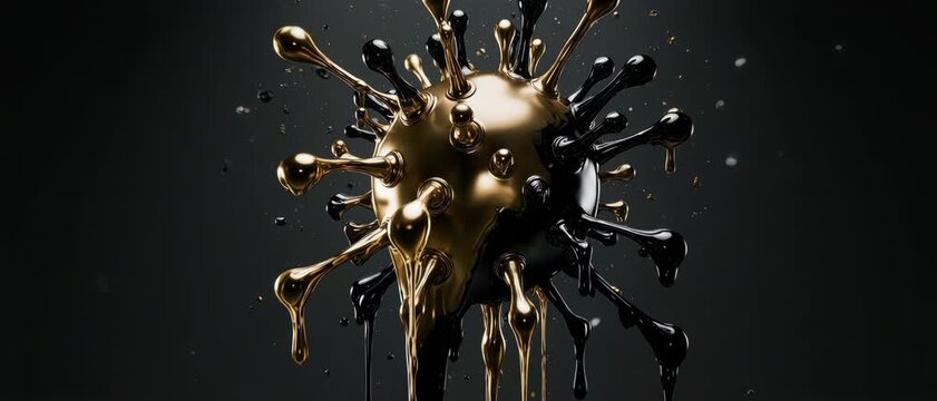 Abstract luxury fluid dynamics forming a microscopic pathogen from liquid gold and black obsidian