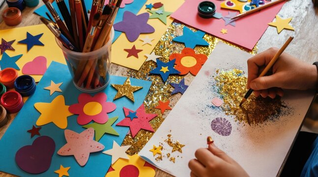 Child hand using brush spreads glitter on paper at table with colorful craft supplies. Kids create art with paint, paper shapes, stars, flowers, glitter.
