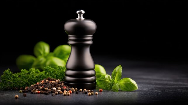 A black pepper mill stands amidst fresh herbs and a variety of colorful peppercorns on a dark surface