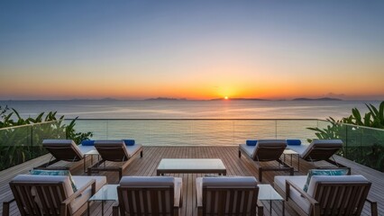 Fototapeta premium Luxury wooden deck with ocean view at sunset.
