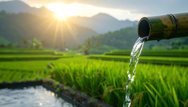 Clear water flows from bamboo spout over rice fields at sunrise