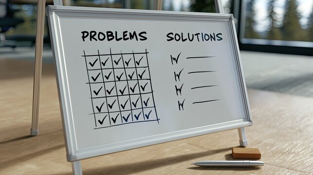 Whiteboard displaying a grid of checked problems versus a list of unchecked solutions