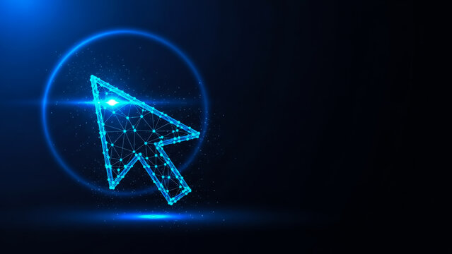A modern, glowing blue cursor arrow icon set against a sleek dark background, representing technology and innovation.