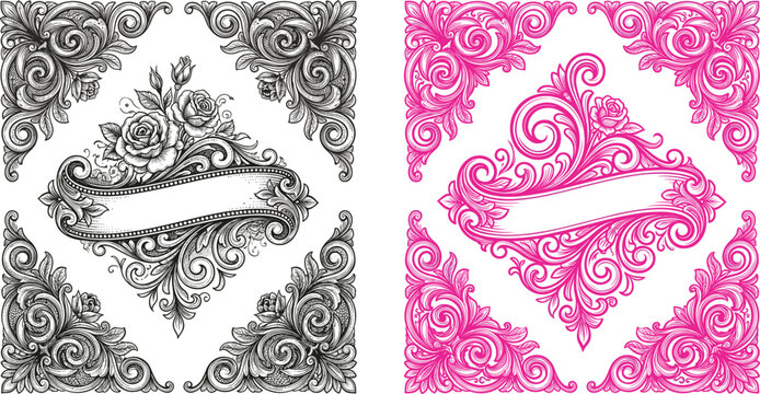 Vintage baroque corner frames and engraved ribbon banner templates with detailed rose flowers and ornamental scrolls isolated on white background