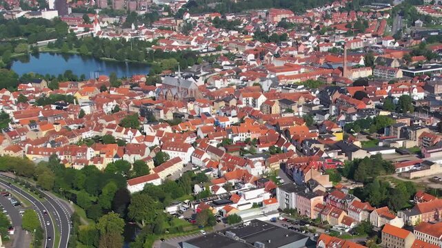 Aerial panorama view around the old town of the city Haderslev in Denmark on a sunny morning in summer