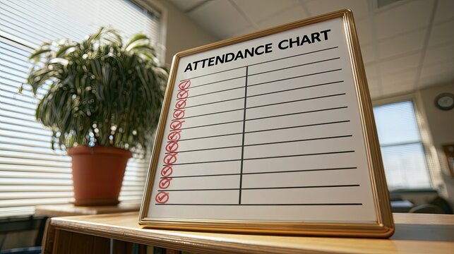 Whiteboard attendance chart with checked boxes sits beside a potted plant