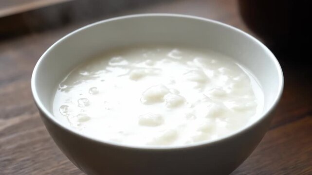 Close-up of rice porridge in a bowl, steaming hot white porridge
