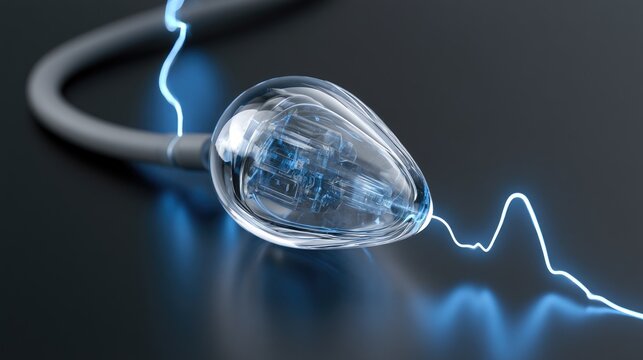 Transparent electrical plug with glowing blue energy arcs and internal circuitry