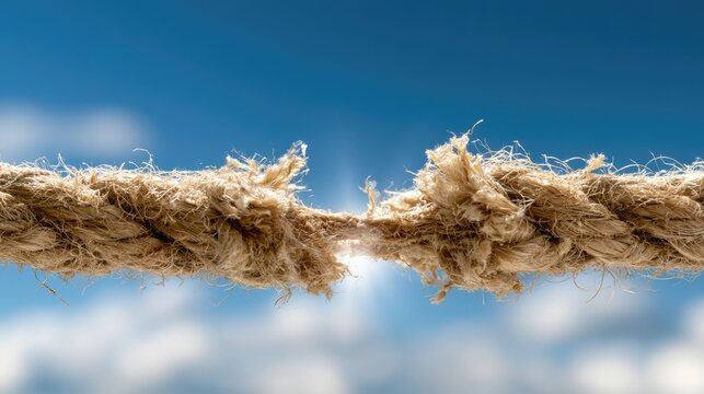 A frayed, breaking rope, threads splayed against a bright, cloudy sky
