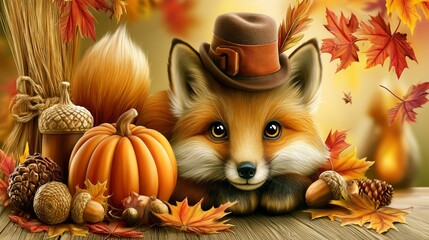 Naklejka premium Whimsical Autumn Fox Surrounded by Falling Maple Leaves and Seasonal Decor in Vibrant Colors