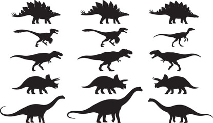 A professional minimalist black vector icon set featuring diverse silhouettes of prehistoric dinosaurs © SELIMREZA