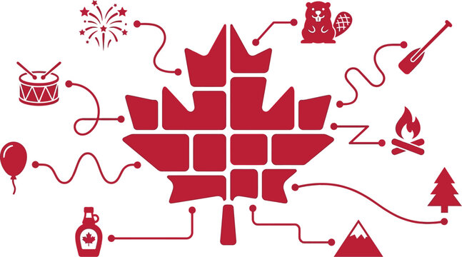 Maple leaf mosaic pattern displays a collection of diverse Canadian icons linked by winding lines.