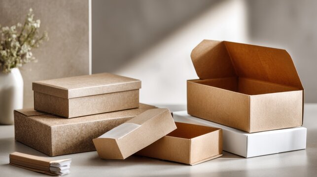 Kraft boxes ready for packing and shipping in natural light, tape and labels visible, recyclable materials and simple brown aesthetic, small shop order prep and minimalist packaging setup