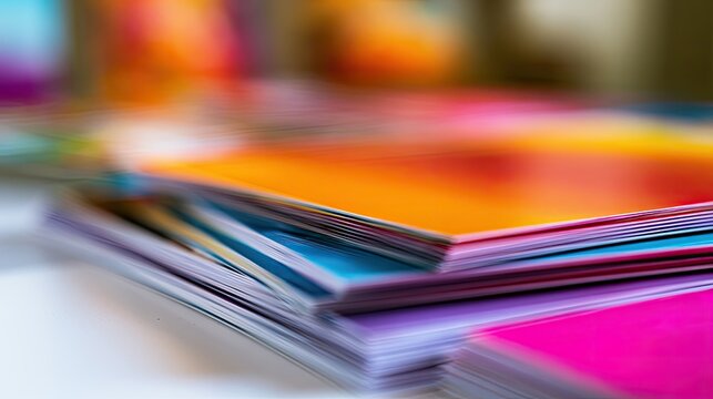 A vibrant stack of colorful paper sheets, with a soft focus and blurred background