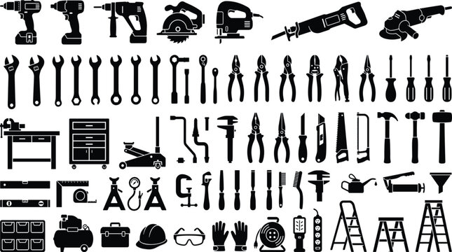 Black Silhouette Complete Workshop Power Hand Tool Set Drill Saw Wrench Pliers Hammer Compressor Large Collection Vector Illustration