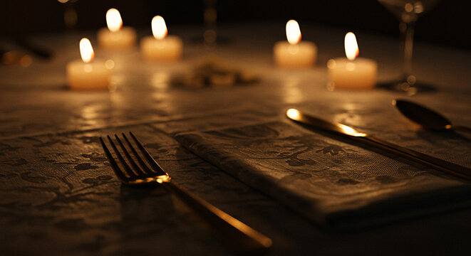 Table Linen & Gold Cutlery with Candle Reflections