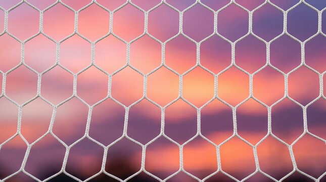 Football goal net pattern with vibrant sunset sky background