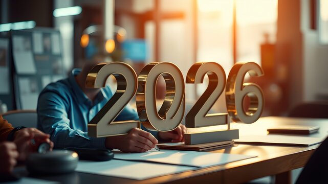 Golden 2026 numbers placed on a meeting table with people in background new year planning business